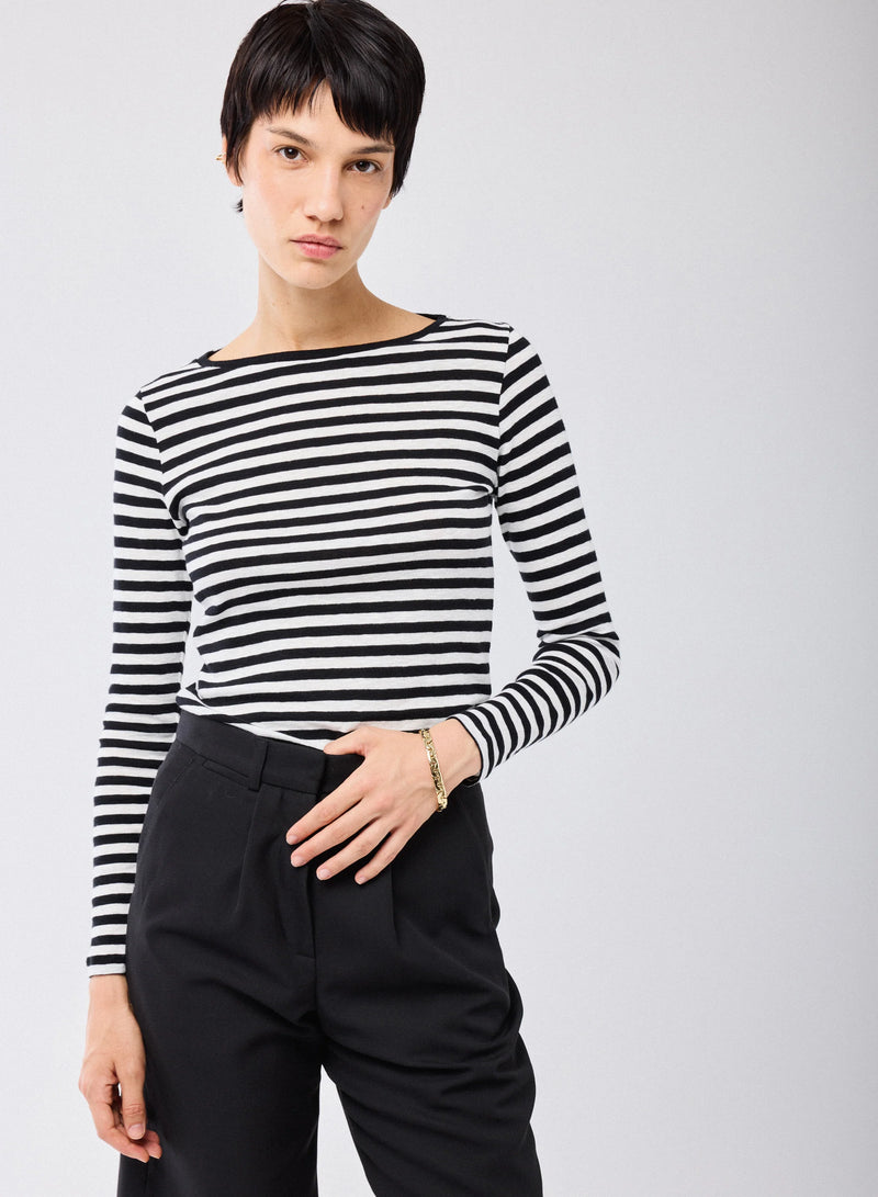 Deluxe Cotton Stripe Long Sleeve Crewneck T-Shirt