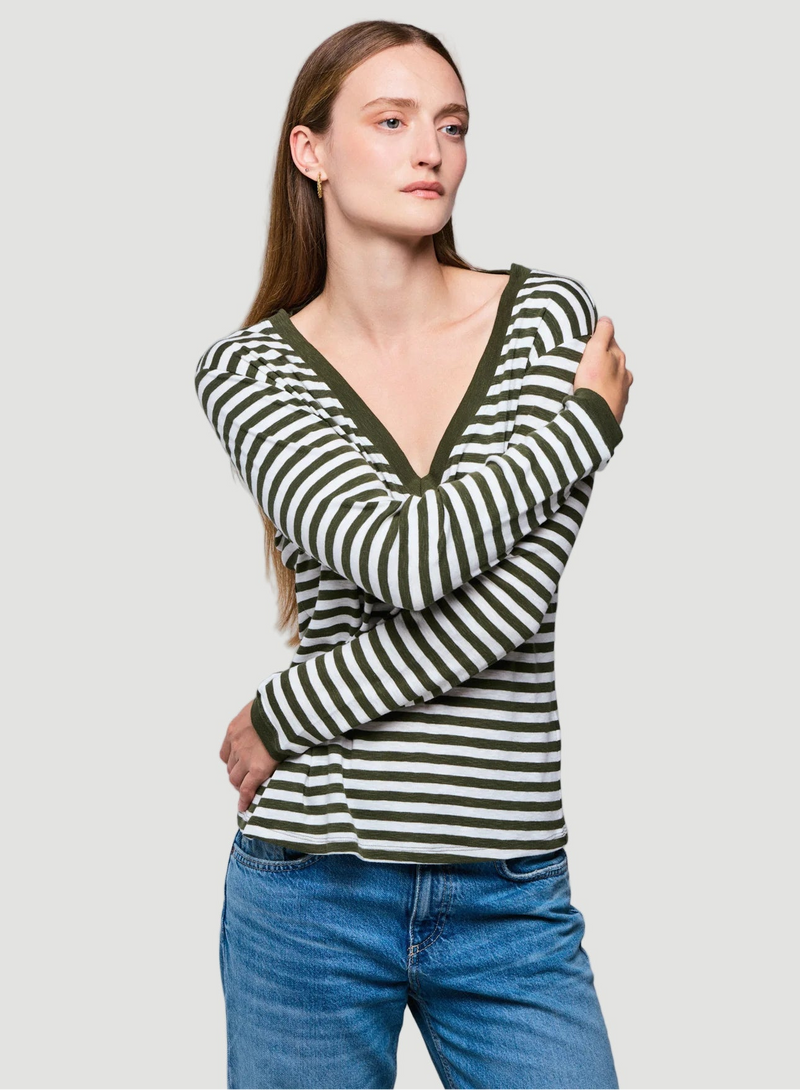 Deluxe Cotton Stripe Long Sleeve V-Neck T-Shirt