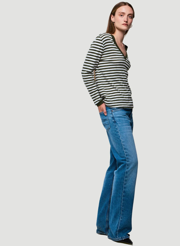 Deluxe Cotton Stripe Long Sleeve V-Neck T-Shirt