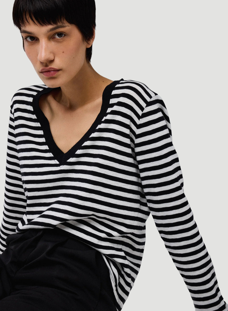 Deluxe Cotton Stripe Long Sleeve V-Neck T-Shirt