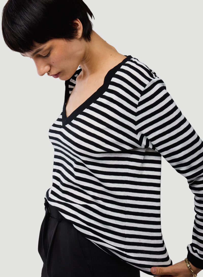 Deluxe Cotton Stripe Long Sleeve V-Neck T-Shirt