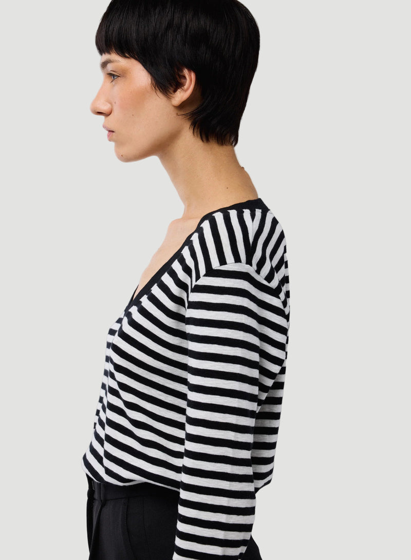 Deluxe Cotton Stripe Long Sleeve V-Neck T-Shirt