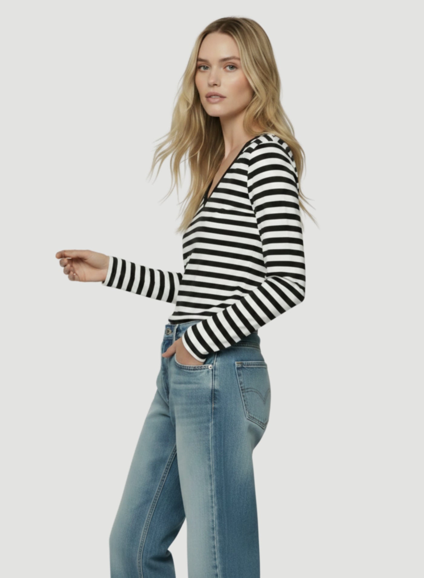 Deluxe Cotton Stripe Long Sleeve V-Neck T-Shirt