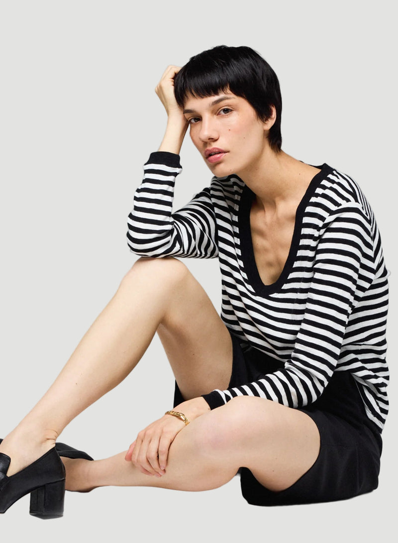 Deluxe Cotton Stripe Long Sleeve V-Neck T-Shirt