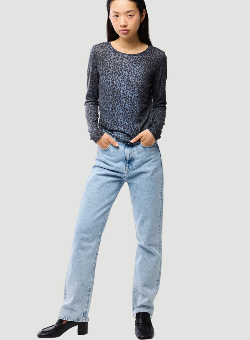 Cotton Cashmere Long Sleeve Leopard Novelty Crewneck T-Shirt