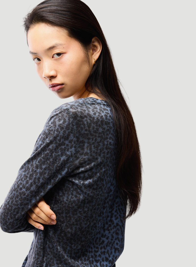 Cotton Cashmere Long Sleeve Leopard Novelty Crewneck T-Shirt