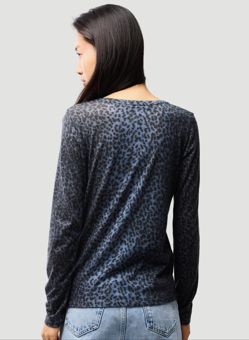 Cotton Cashmere Long Sleeve Leopard Novelty Crewneck T-Shirt