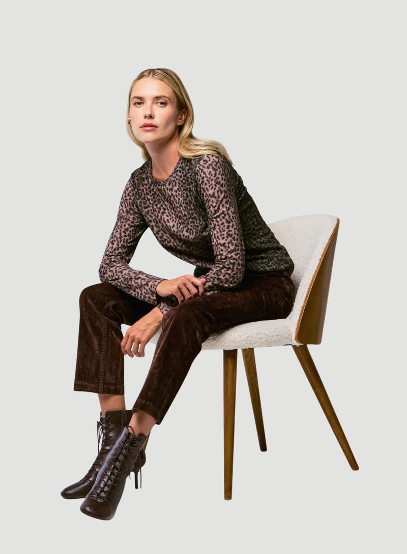 Cotton Cashmere Long Sleeve Leopard Novelty Crewneck T-Shirt