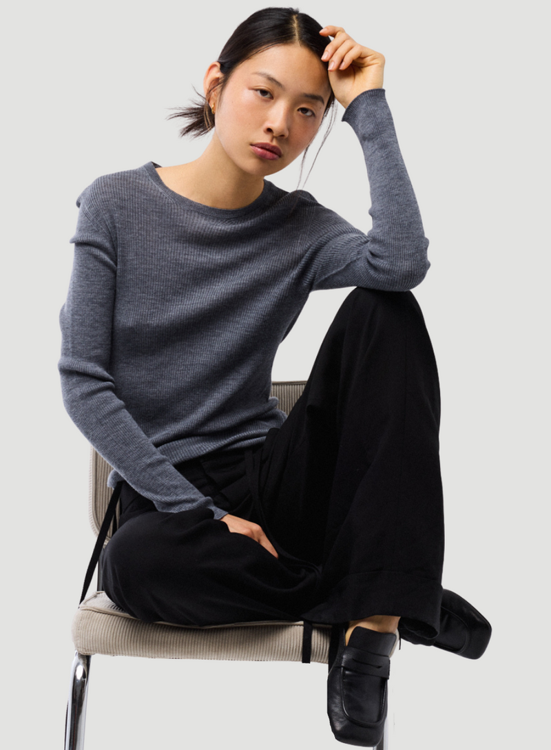 Merino Superfine Rib Knit Long Sleeve Crewneck T-Shirt