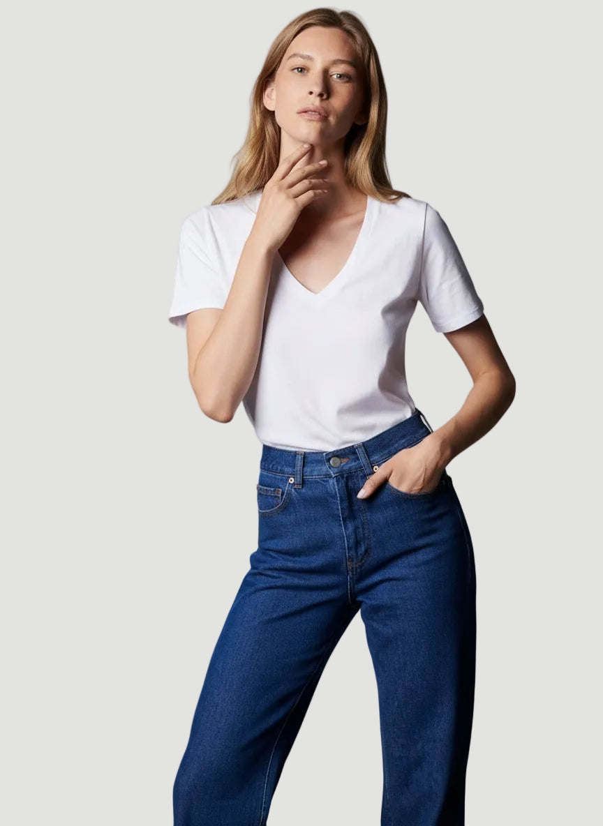 Cotton Silk Touch Short Sleeve Semi Relaxed V Neck T Shirt for